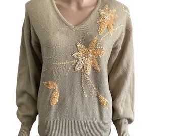 Vintage Angenie Sweater Womens Large Floral Beaded Sequins Tan Beige Pullover