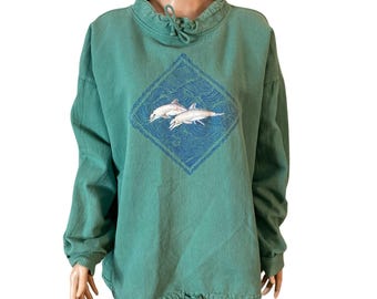 Vintage National Wildlife Dolphin Sweatshirt L/XL Green Pullover 90s USA Nature Graphic
