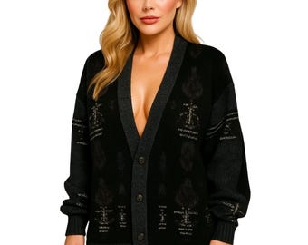 Vintage Expressions Cardigan Sweater Unisex XL Black Gray Knit Button Front Acrylic Oversized