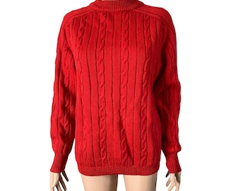 Vintage Red Cable Knit Sweater 100% Virgin Wool Chunky Cozy Pullover Grosse 54
