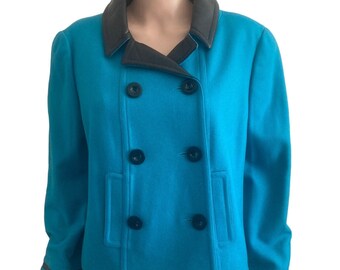 Vintage Carlisle Jacket Womens 16 blue Wool Blend Black Polyurethane Accent