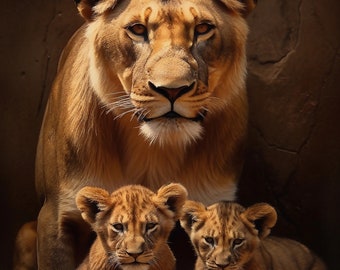 Fierce Maternal Bonds - Lioness and cubs #2 Digital Print