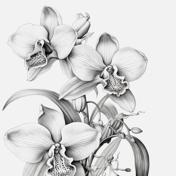 Zygopetalum Orchid - black and white sketch #4 Digital Print