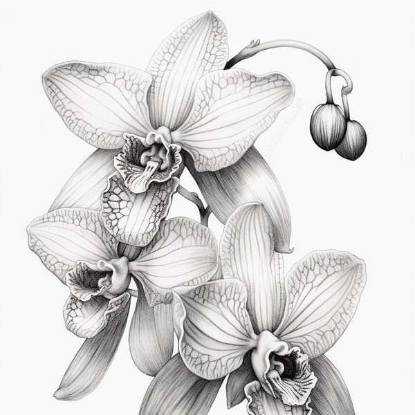 Zygopetalum Orchid - black and white sketch #2 Digital Print