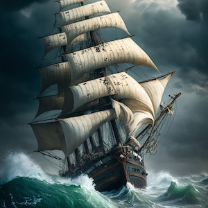 Peut inclure: Un grand voilier aux voiles blanches gonflées navigue sur des vagues océaniques vert émeraude turbulentes sous un ciel orageux gris foncé. La coque en bois du navire est visible, et un petit drapeau flotte du mât.