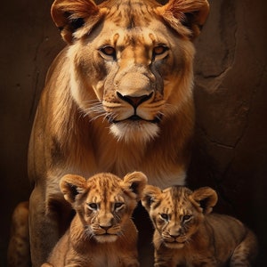 May include: A large, golden brown lioness sits with two smaller cubs in front of her. The cubs are also golden brown with darker stripes. The lioness is looking directly at the camera, while the cubs are looking off to the side.