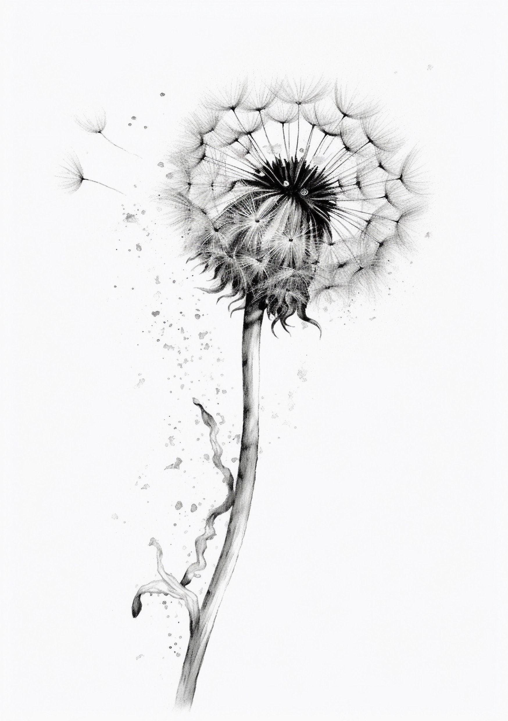 Whispers of Life - Dandelion Black and White Sketch #1 Digital