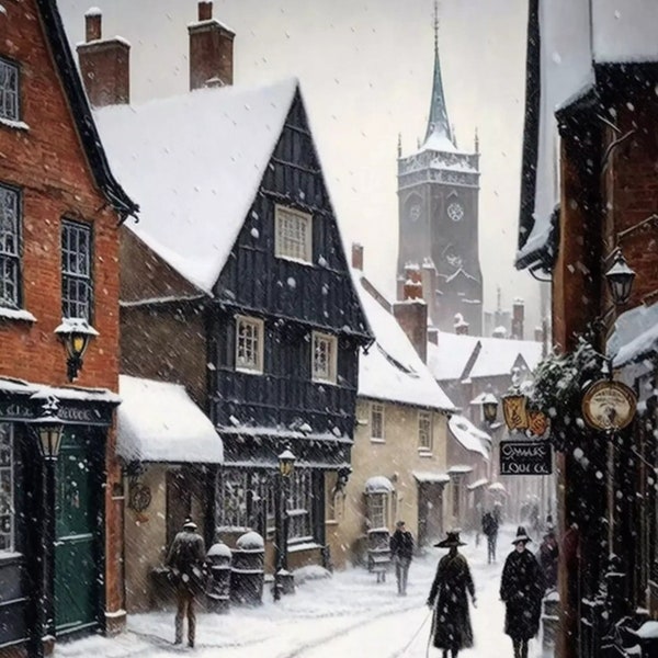 Snowy British town painting – impressionist style #2 Digital Print, frame TV, wallpaper.