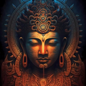 Peut inclure: Une illustration détaillée d'un Bouddha aux yeux fermés, entouré de motifs dorés et bleus complexes. Le Bouddha porte une couronne et un collier aux motifs ornés.