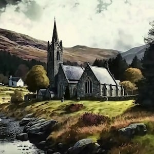 Scottish Highlands church painting – impressionist style #1 Digital Print, frame TV, wallpaper.