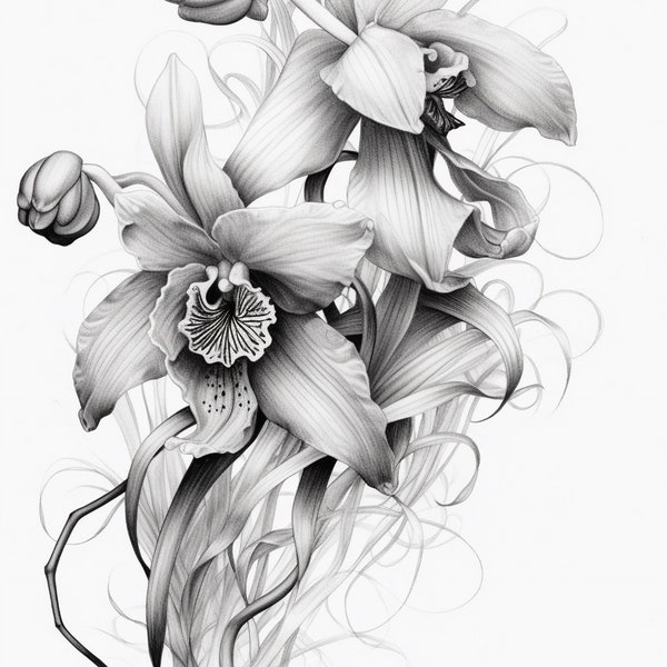 Zygopetalum Orchid - black and white sketch #3 Digital Print