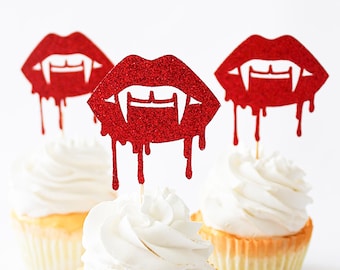 Vampire Birthday Cupcake Toppers/Vampire Birthday Party/Vampire Lip Cupcake Topper/Vampire Fangs Cupcake Topper/Spooky Birthday Party