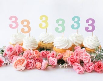 3rd Pastel Birthday Party/Three Cupcake Topper/Pastel 3 Cupcake Topper/Pastel Rainbow Cupcake Topper/Pastel Rainbow Birthday/3 Birthday