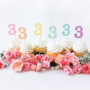 3rd Pastel Birthday Party/Three Cupcake Topper/Pastel 3 Cupcake Topper/Pastel Rainbow Cupcake Topper/Pastel Rainbow Birthday/3 Birthday