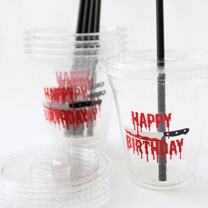 Knife Birthday Party Cups/Halloween Birthday Cups/HAPPY BIRTHDAY Cups/Bloody Birthday Cups/Zombie Birthday Cups/Blood Dropping Cups