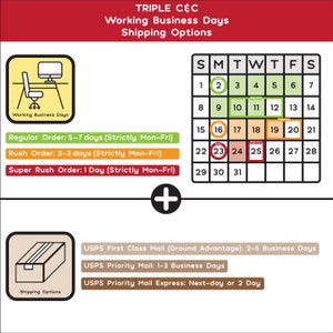 May include: A calendar showing working business days with a red, green, and orange color scheme. The calendar shows the days of the week, the numbers 1 through 31, and the words "Order" and "Ship Out" in red and orange. The calendar is divided into three sections: Regular Order, Rush Order, and Super Rush Order. The text below the calendar describes USPS First Class Mail, USPS Priority Mail, and USPS Priority Mail Express.