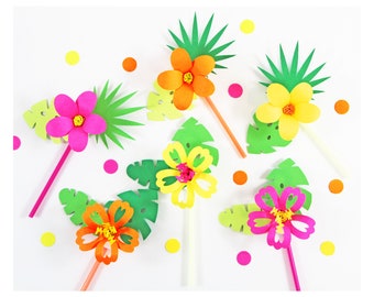 Tropical Cupcake Topper/Hawaiian Cupcake Topper/Luau Cupcake Topper/Hawaiian Flower Cupcake Topper/Leaves Cupcake Topper/Birthday Topper