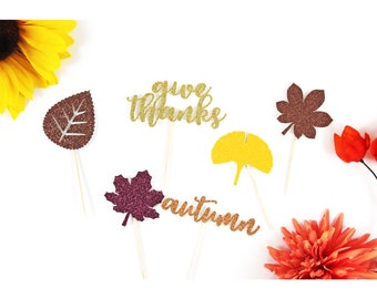 Leaves Cupcake Topper/Fall Cupcake Topper/Autumn Topper/Give Thanks&Autumn Cupcake Topper/Fall Party/1st Birthday Topper/Thanksgiving Décor