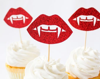 Vampire Birthday Cupcake Toppers/Vampire Birthday Party/Vampire Lip Cupcake Topper/Vampire Fangs Cupcake Topper/Spooky Birthday Party