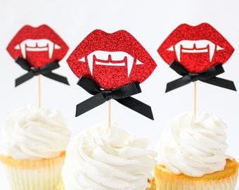 Vampire Birthday Cupcake Toppers/Vampire Birthday Party/Vampire Lip Cupcake Topper/Vampire Fangs Cupcake Topper/Vampire Party/Horror Party