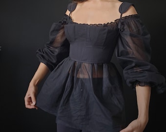 Victorian chemise black/Renaissance undershirt/Ruffle top/Off shoulder cotton/Boho Shirt/Cotton Corset undershirt/Sexy pirate/Long sleeve