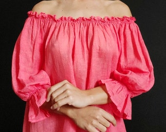 Victorian top/Renaissance/Ruffle top/Off shouder/Boho Shirt/Dress/Unisex/ 3/4 sleeve/Linen/Pink