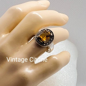Emerald Cut Natural Golden Citrine Ring, Solid 925 Sterling Silver Setting, Antique Design Ring, Marcasite Accent Stones, Size 6-1/2
