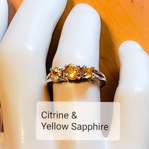 Natural Yellow Sapphire & Citrine Three Stone Ring, 5mm Center Citrine, 4mm Side Sapphires, 925 Solid Silver Ring, Minimalist Design, Size 6