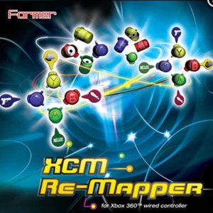 Puede incluir: Un conjunto colorido de remappers de botones para el mando con cable Xbox 360. El conjunto incluye varios botones de colores con diferentes símbolos, como un arma de fuego, una espada y un símbolo de combate cuerpo a cuerpo. El texto "XCM RE-MAPPER" se muestra en amarillo sobre un fondo azul.