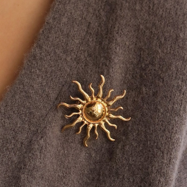 Sun Brooch | Vintage Gold Sun Brooch | Sun Pin | 18K Gold Plated |Birthday Gift For Her, Gift For Mom