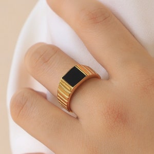 Square Signet Ring | Black Onyx Signet Ring | 18K Gold Filled Ring | Black Enamel Ring | Gold Statement Ring | Unisex | Tarnish Free