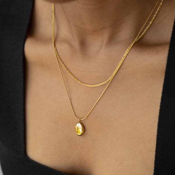 18K Gold Pendant Necklace|Oval Pendant Necklace Set| Gold Layered Necklace Set| Set of 2 Necklace| Gold Dainty Necklace|Minimalist Necklace