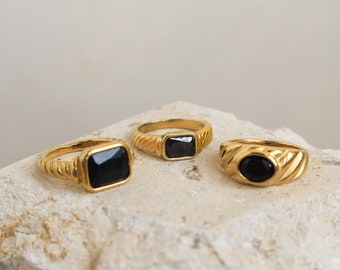 Black Onyx Ring | Onyx Signet Ring | Chunky Gold Ring | Black and Gold Statement Ring | Croissant Ring Vintage Gold Ring | Tarnish Free
