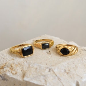 Black Onyx Ring | Onyx Signet Ring | Chunky Gold Ring | Black and Gold Statement Ring | Croissant Ring Vintage Gold Ring | Tarnish Free