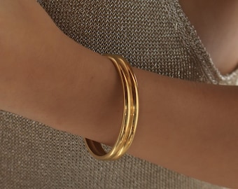 Double Gold Bangle • 18K Gold Cuff Bracelet • Gold Bangle Bracelet • Chunky Gold Bracelet • Water Safe