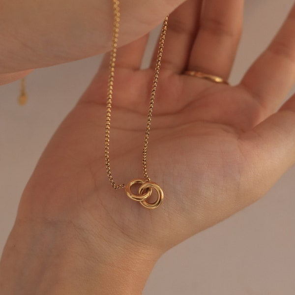 Doppelkreis Halskette | Ineinander greifende Gold Halskette | Ewigkeit Anhänger Halskette | Minimalistisch| 18K Gold gefüllt | Anlauffrei | Geschenk für sie