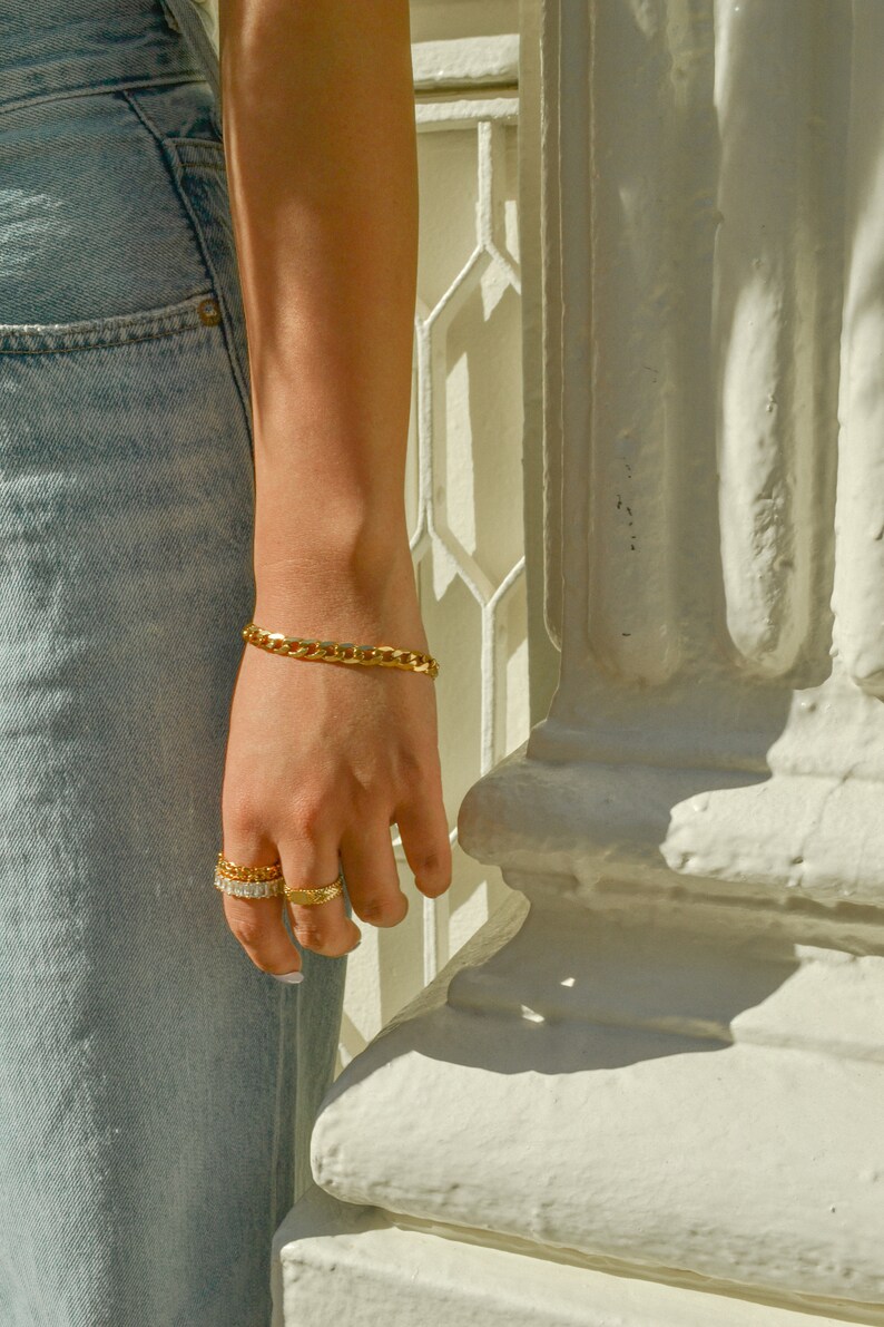 Gold Curb Link Chain Bracelet Link Chain Bracelet Layering Bracelet Gold Chain Bracelet Flat Cuban Link Chain Bracelet
