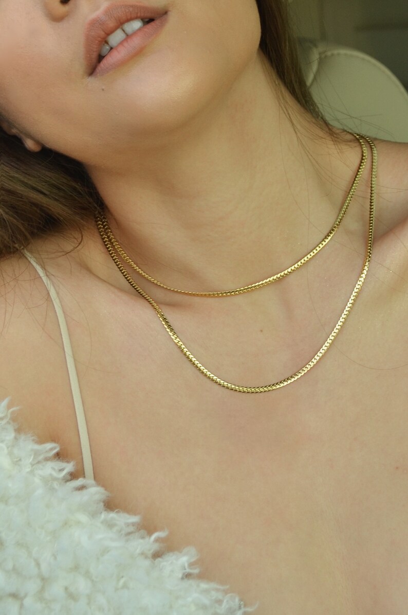 Herringbone Gold Chain Necklace 14K Gold Snake Chain Etsy