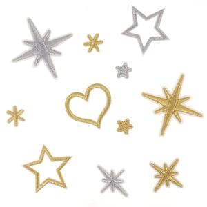 May include: A set of iron-on patches featuring a variety of gold and silver stars and a gold heart. The patches are perfect for adding a touch of sparkle to clothing, bags, or other accessories.