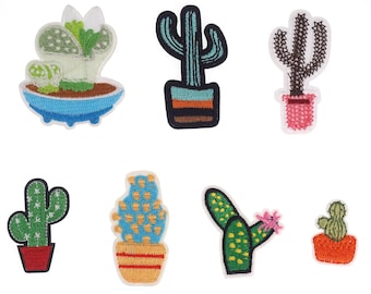 Parche termoadhesivo bordado con planta en maceta de cactus, aplique de cactus