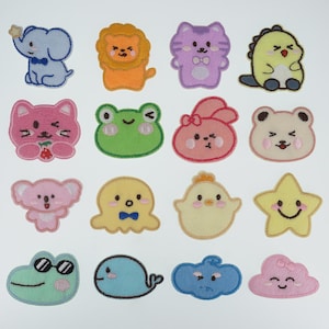 May include: A set of 15 colorful embroidered iron-on patches featuring various animal and cartoon characters. The patches are made of felt and have a variety of colors, including pink, blue, green, yellow, and orange.