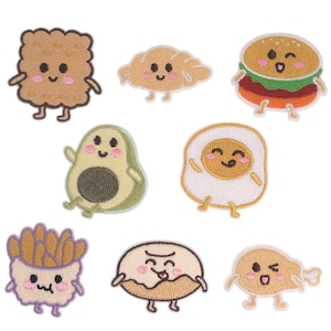 May include: Set of nine embroidered iron-on patches featuring various food items with cute faces. The patches include a croissant, avocado, egg, burger, chips, doughnut, chicken leg, and two crackers.