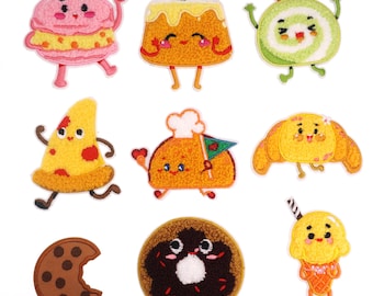 Parche autoadhesivo bordado de chenilla con diseño de comida, ideal para postres, tés, galletas, brazos de gitano, pizza, pudines y croissants.