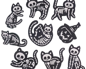 Cute Skeleton Cat Embroidered Iron On Patch, Skeleton Cat Applique, Halloween, Pumpkin