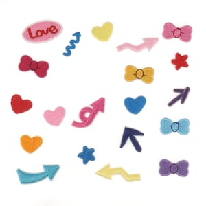 Set of 21, Tiny Arrow Embroidered Iron On Patch, Mini bow Badge Applique, Mini Heart, Mini star
