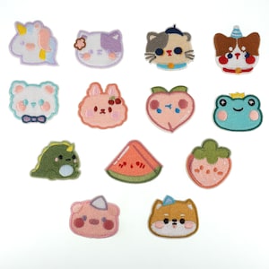May include: A set of 12 embroidered iron-on patches featuring various cute cartoon animals, fruits, and a watermelon. The patches are colourful and perfect for adding a touch of whimsy to clothing, bags, or other accessories.