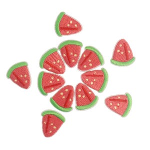 Può includere: Dieci toppe ricamate a forma di fetta di anguria da stirare. Le toppe sono rosse con contorni verdi e semi neri.