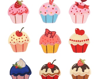 Parche autoadhesivo bordado con diseño de cupcakes, aplique para postres, parche para el té de la tarde, cupcakes de fresa, cupcakes de cereza y cupcakes de caramelos.