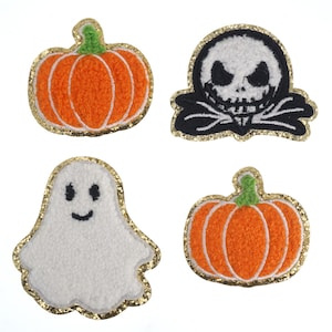 Chenille Halloween Embroidered Iron On Patch,  Pumpkin Applique, Ghost