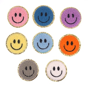 Chenille Smiling Face Embroidered Iron On Patch, Gold Trim Smile Face Applique